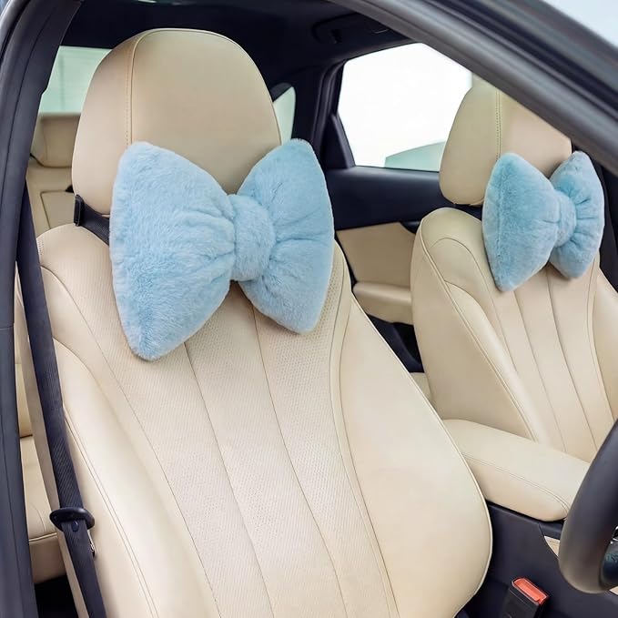 Macarrie 2 Pcs Blue Car Neck Pillow Imitation Rabbit Fur Bow Pillow | Soft Comfortable Seat Headrest Support, Cute Bow Car Accessories, Driving Travel Driver Chair Girl Interior Decor, Solid