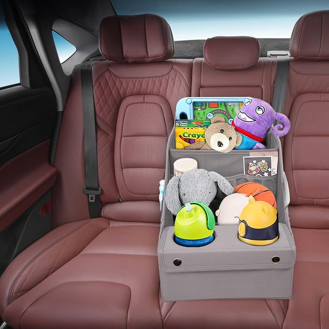 MULISOFT Car Seat Organizer - Backseat Organizer with 11 Storage Compartments and 2 Cup Holders for Travel, Kids | Made from durable Oxford fabric with a waterproof surface, anti-slip buckles, and a foldable design for easy storage.