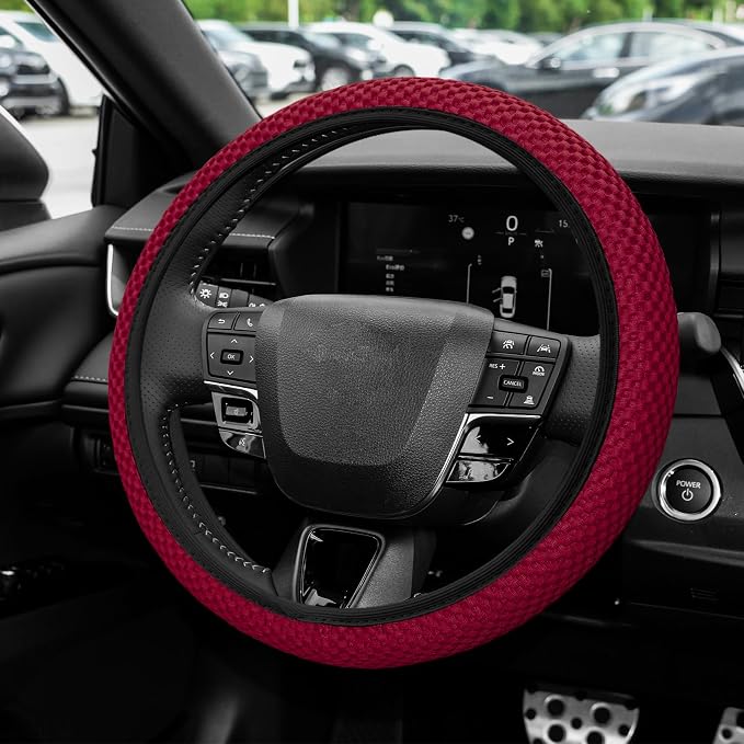 Elastic Stretch Steering Wheel Cover, Steering Wheel Protector, 15 Inch Anti-Slip Breathable Microfiber Ice Silk Protection, Easy Carry, Warm in Winter & Cool in Summer for Cars (Wine Red)