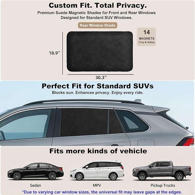 XCBYT Suede Rear Car Window Shades 2 Pack, 100% Blackout Privacy | 100% blackout keeps the backseat cool for baby naps & nursing. Premium soft suede. Fits iron frames only (30.3x18.9")