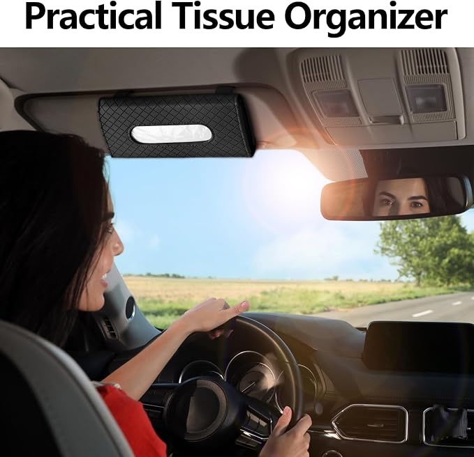 Wuyaoyao Car Tissue Holder, Auto Sun Visor Napkin Holder Mask Holder, Premium PU Leather Car Tissue Holder Visor Tissue Dispenser, Universal Sun Visor Tissue Box for Most Vehicle (Plaid-Black)