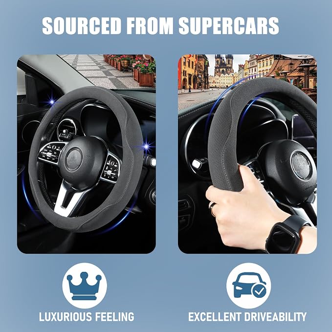 Red Suede Steering Wheel Cover Universal 14.5 inch to 15 inch | Warm in Winter and Cool in Summer, Felt Car Accessories, Breathable Non-Slip Sweat-Proof Wear-Resistant