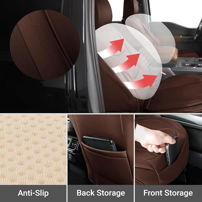 Coverland Custom Truck Car Seat Covers Front Seats for [2017-2025 F150 Raptor Super, SuperCrew Cab] - Protector Water Resistant Leather Memory Form Back Support Seat Cushion [Front-Dark Brown]