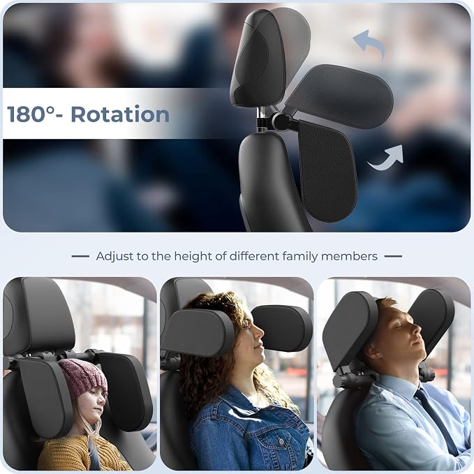 Adjustable Car Headrest Pillow, Road Pal Headrest, U-Shaped Travel Sleeping Pillow for Kids & Adults, Head Neck Support Only Suitable for Car Seat Headrest with Poles, Black