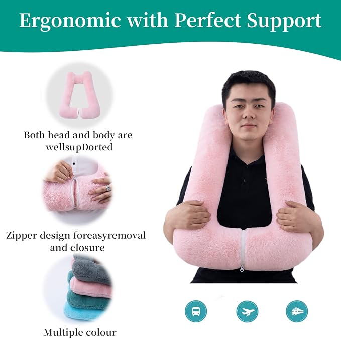 FHSGGP Travel Pillow Upgraded Version of Aircraft Travel Neck Pillow | With Storage bag, Sleep Pillows for Travel by Train, Car, or Plane, Supporting the Head and Body, Travel Pillow for Kids Pink
