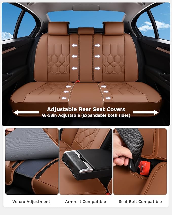 Huidasource Seat Covers Full Set, Universal Fit for Cars SUVs Trucks, Brown | Full Coverage Leather Car Seat Cover, Airbag, Cupholder Compatible, Seat Function Retain, Velcro Adjustable