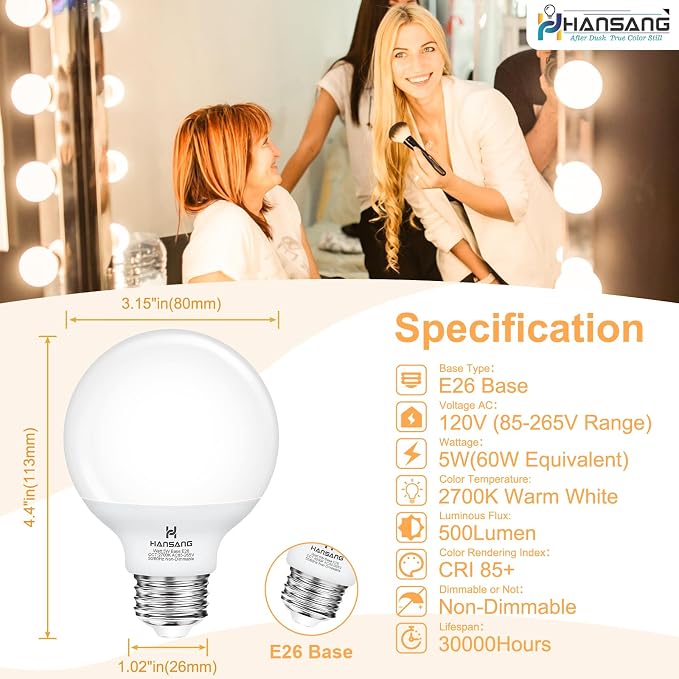 G25 Vanity Light Bulb 2700K Warm White 8 Pack, LED Globe Light Bulbs for Bathroom Vanity Mirror,E26 Medium Screw Base,5W 60W Incandescent Equivalent,500 Lumen,Non-dimmable