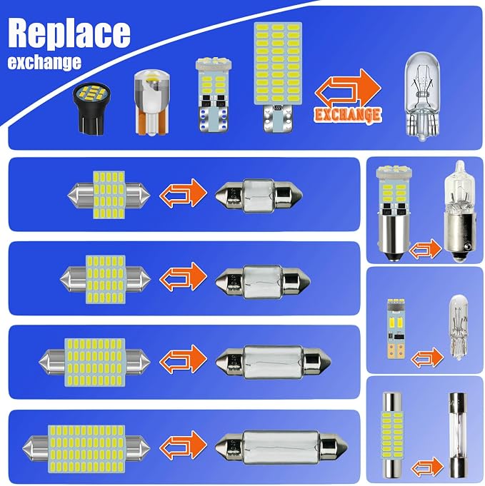 50-Pack LED Interior Light Kit Map Dome Bulb for Car Truck Vehicle | 12V White DE3175 6418 6411 T10 194 BA9S 64111 T5 74 6615F 28mm 31mm 36mm 41mm Vanity Mirror Footwell Cargo License Plate Bulb