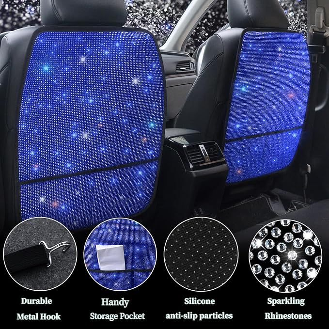 Sparkling Diamond Car Seat Kick Protectors with Storage, Crystal Kick Mats for Car Seats with Bling Rhinestones, Universal Fit Luxury Auto Accessories for Women Girls and Ladies Blue 2pcs