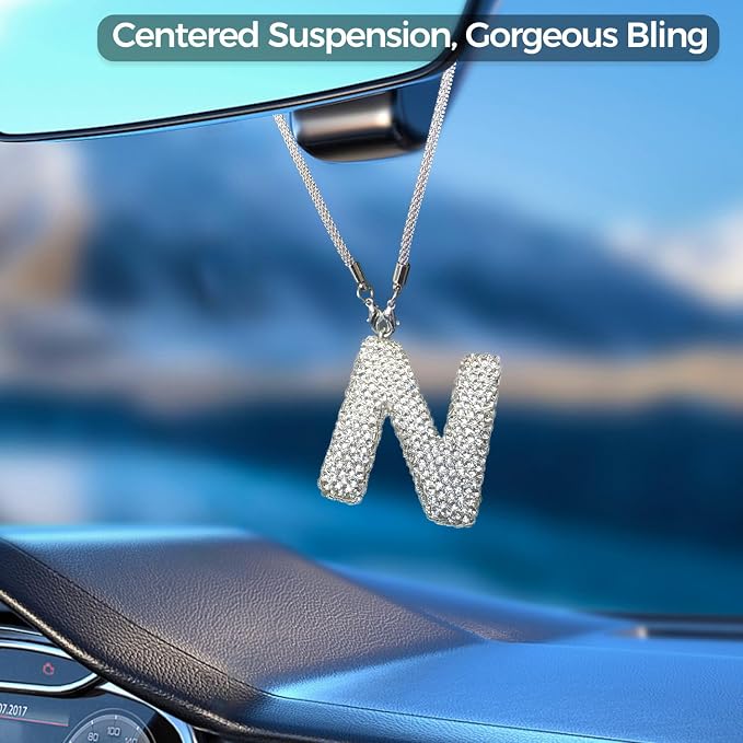 Bling Car Accessories for Women Letter Charm, Rear View Mirror Ornament Cute Hanging Crystal Pendant Girl Car Decorations, Lucky Diamond Rhinestone Girly Charm Interior (White N)