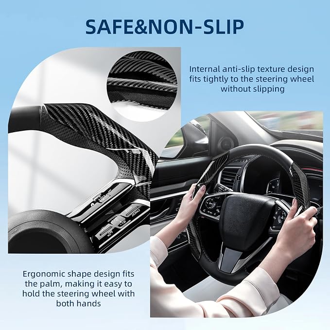 Carbon Fiber Steering Wheel Cover 2PCS Segmented Clip-on Protector (Black) | Universal Fit, Anti-Slip Lining, Sporty Style, Car Interior Accessory for Men and Women