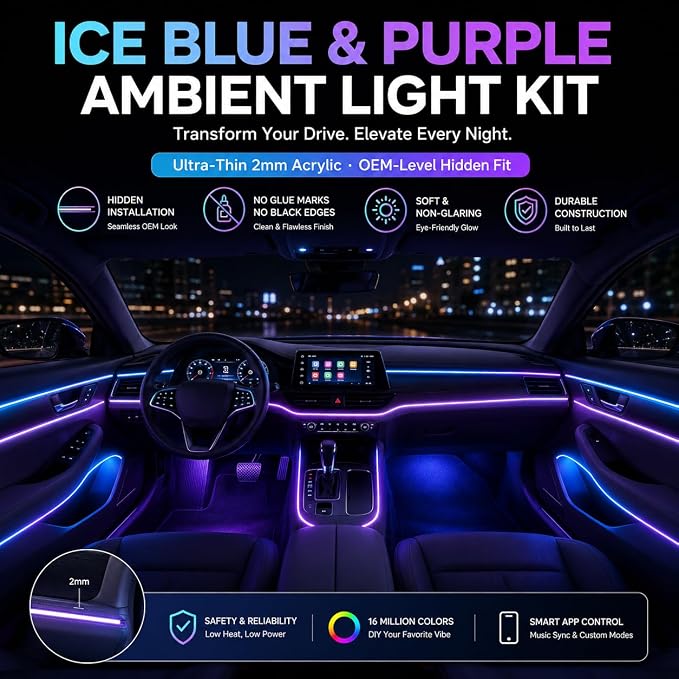Acrylic Interior Car Ambient Lighting Kits, LED Strip Lights with Wireless APP, Neon Fiber Optic Lights Function LED Strip for Car with Music Modes (18 in 1)