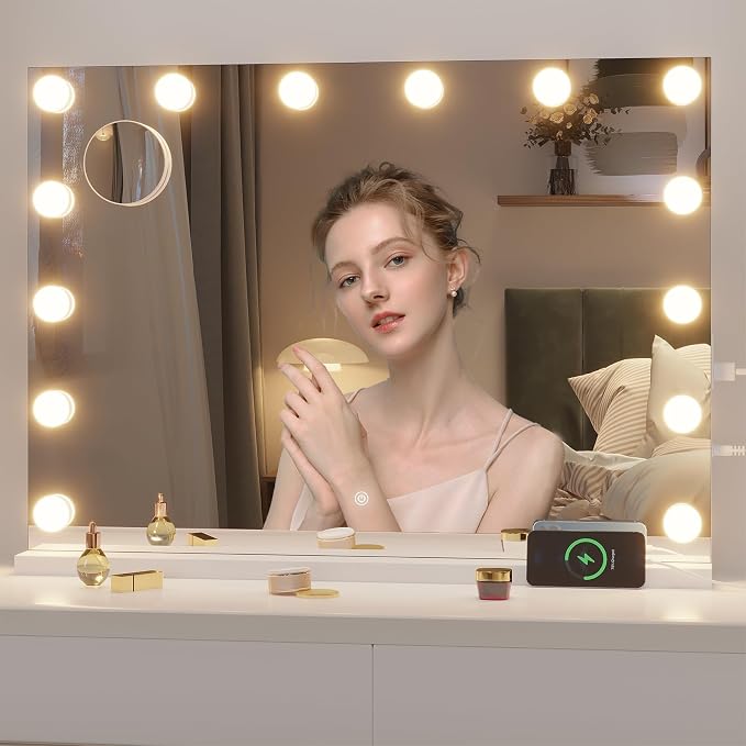 Hasipu Hollywood Vanity Mirror with Lights, 32" x 22" Makeup Mirror with 15 Dimmable LED Bulbs 3 Color Modes & Detachable, 5X Magnifying Glass, Touch Control, USB and Type-C, Tempered Glass