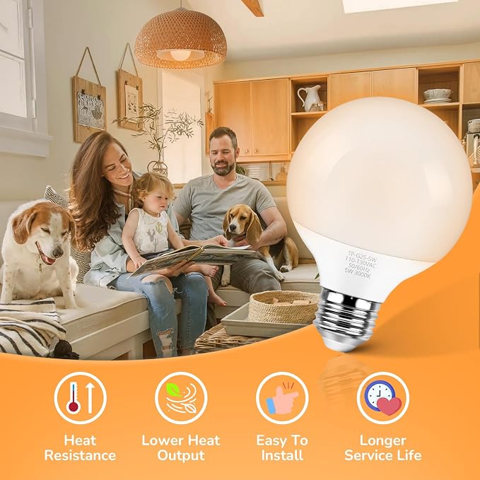 MAXvolador G25 LED Globe Light Bulb 60W Equivalent, Soft White 3000K E26 Vanity Round Bulbs for Bathroom Makeup Mirror, Non-Dimmable 500LM, 8-Pack