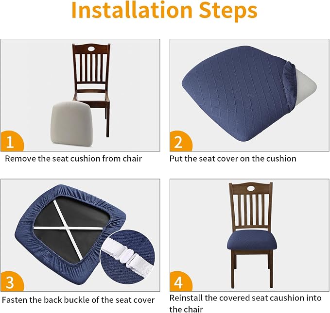 Fuloon Stretch Chair Seat Covers 4 PCS, Removable Washable Dining Chair Covers Anti-Dust Dining Room Seat Cushion Slipcovers (4, Navy Blue)