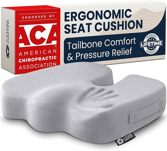 5 STARS UNITED Seat Cushion - Memory Foam Chair Cushion for Tailbone Pain Relief - Ergonomic Support for Coccyx, Sciatica & Butt - Office, Desk & Gaming Chair, Car Seat, Wheelchair, Airplane, L Gray