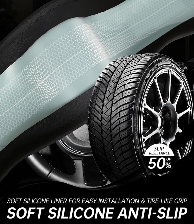 XCBYT Steering Wheel Cover - Black Leather Steering Wheel Wrap Great Grip with 3D Honeycomb Quick and Effortless Installation Non-Slip Silicone Inner Ring for Women Man Universal Fit 14.5-15 Inch