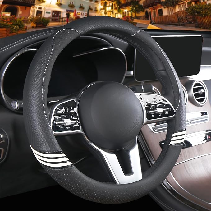 Small 14 inch Cute Leather Steering Wheel Cover Black | Breathable Faux Leather and Carbon Fiber Car Accessories for Women Men 13.5 inch to 14 inch