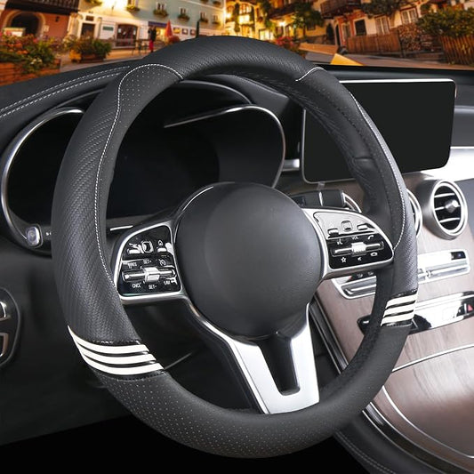 Small 14 inch Cute Leather Steering Wheel Cover Black | Breathable Faux Leather and Carbon Fiber Car Accessories for Women Men 13.5 inch to 14 inch