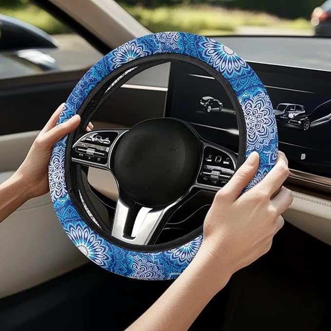 AFPANQZ Elastic Steering Wheel Cover Non-Slip Protection for Women Men | Comfort Anti-slip Safety Stretch-on 14-15 inch, Blue Boho Flower Easy Fix Machine Washable Steering Wheel Protection
