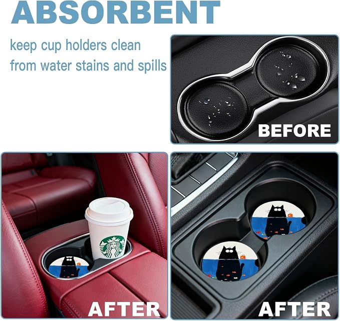 Car Cup Holder Coaster Set of 2, 2.56 in Ceramic Coasters, Scratch-Resistant Cork Backing, Finger Groove Design for Easy Placement, Cute Car Accessories Interior for Women (Kitten Diving)