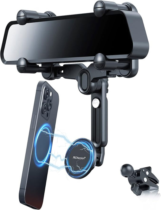 PROfezzion Car Rearview Mirror Magnetic Phone Mount Holder for MagSafe | Vent Clip Included, No Vibrating, Eye-level View, Length & Angle Adjustment, for iPhone 17 16 15 14 13 Pro Max & All Phones