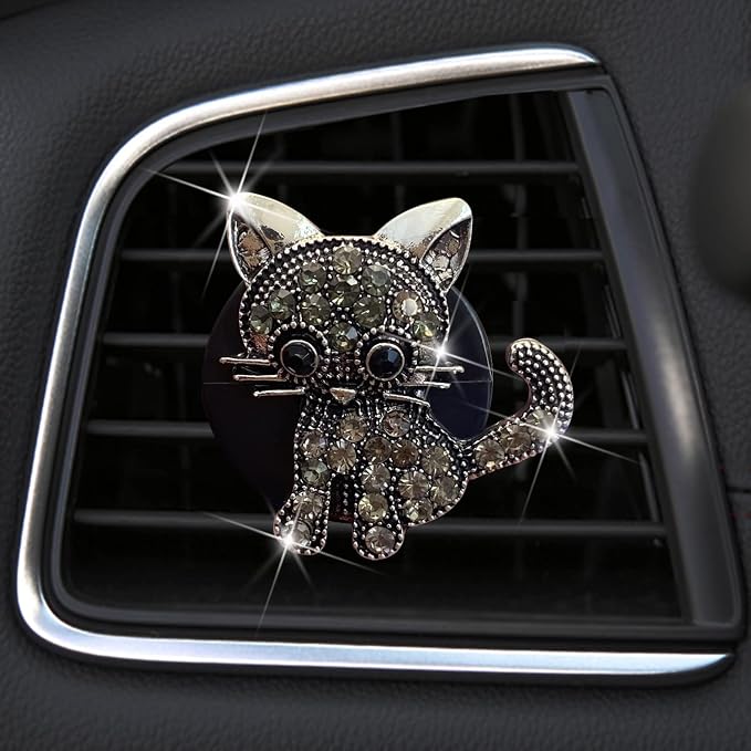 Bling Rhinestone Car Air Vent Clip,Dashboard Outlet Clip,Car Air Freshener Vent Clips,Car Air Conditioning Outlet Clip Decorative,Bling Car Accessories Car Interior Decoration Charm,Cute Car Decor (Cute kitten-BK)