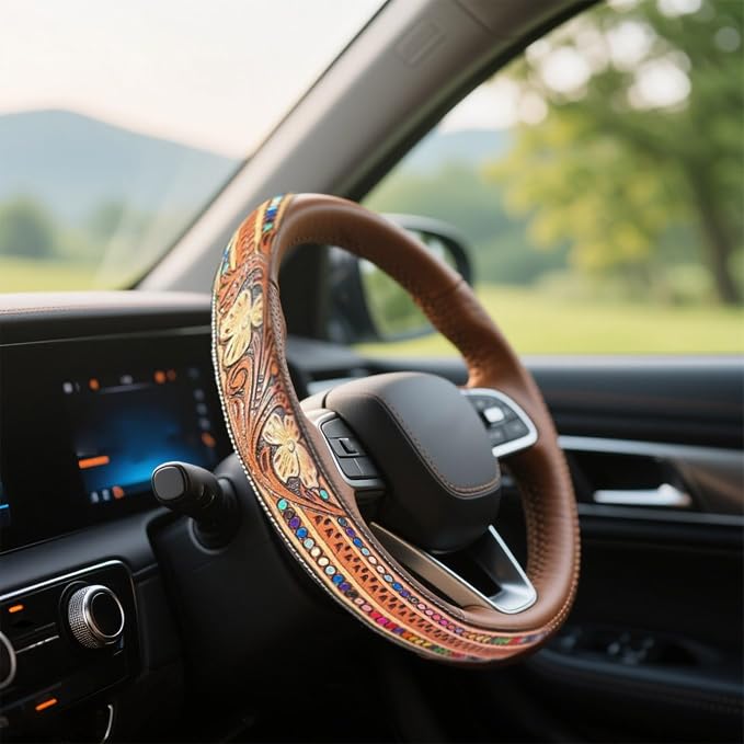 Western Cowboy Steering Wheel Cover - Retro Tooled Leather, Embossed Hand-Painted Design, Universal 15 Inch Anti-Slip Cover for SUV, Truck, Car, Breathable All-Weather, Easy to Install (Style-A)