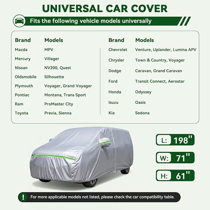 AUQDD 6-Layers Premium MPV Car Cover Waterproof All Weather Weatherproof UV Sun Protection Snow Dust Storm Resistant Outdoor Exterior Custom Form-Fit Full Padded Car Cover with Straps 180"-198" K16