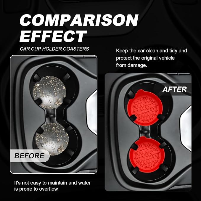 4-Pack Universal Cup Holder Coasters, Black Silicone Inserts - Keep Your Car Clean with Non-Slip & Spill-Proof Coasters for All Vehicles (Red)