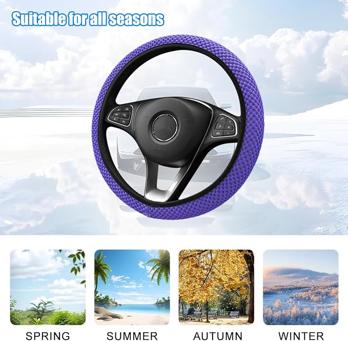 Car Elastic Stretch Steering Wheel Cover, 14.5-15" Breathable Ice Silk Anti-Slip Vehicle Steering Wheel Protector, Comfy Auto Interior Protection Accessories, Universal Fit (Purple)