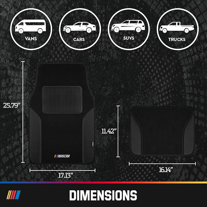 NASCAR Car Floor Mats, Carpet & Black Leather Design Car Mats, Universal-Fit All-Weather Car Floor Mats with Built-in Heel Pad & Anti-Slip Backing, Durable Odorless Automotive Interior Accessories