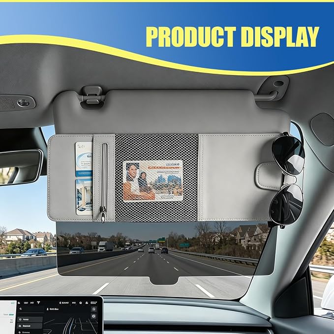 Craedli Car Sun Visor Extender Organizer, 2 in 1 Anti-Glare Sunshade with Magnetic Sunglasses Holder & Mesh Pouch, Multifunctional Adjustable Auto Interior Storage Accessories (LightGray)