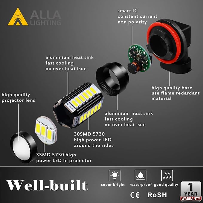 Alla Lighting Super Bright H8 H11 LED Fog Lights Bulbs or DRL, 6000K Xenon White H16 H11LL H8LL H1155 Replacement, 2800Lms 5730 33-SMD 12V for Cars, Trucks, SUVs, Vans
