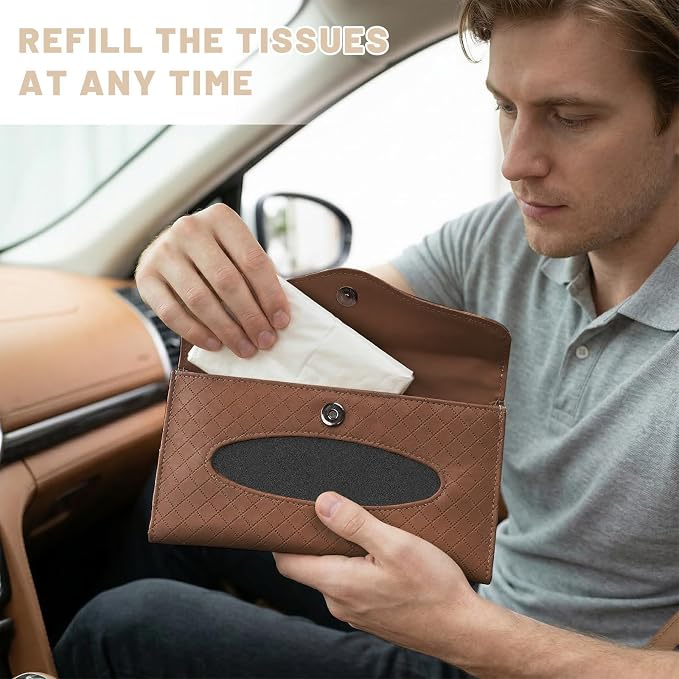 Car Tissue Holder, Auto Sun Visor Napkin Holder Hanging Paper Towel Dispenser with Tissue Refill, Easy Access Leather Paper Towel Storage Case for Most Vehicle Visors (Brown)