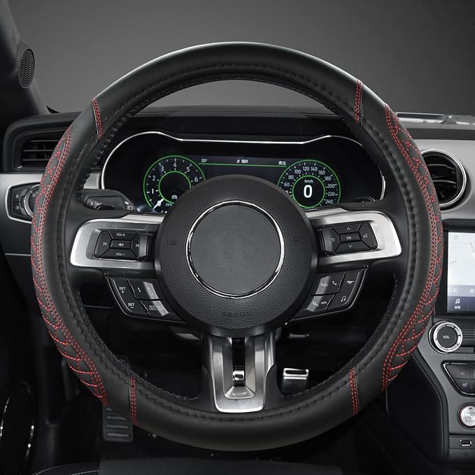 West Llama Car Steering Wheel Cover for Ford Escape,Explorer,Fusion,Focus,Bronco,Transit,Edge(Diamond Quilted - Black+Red- Standard Size)