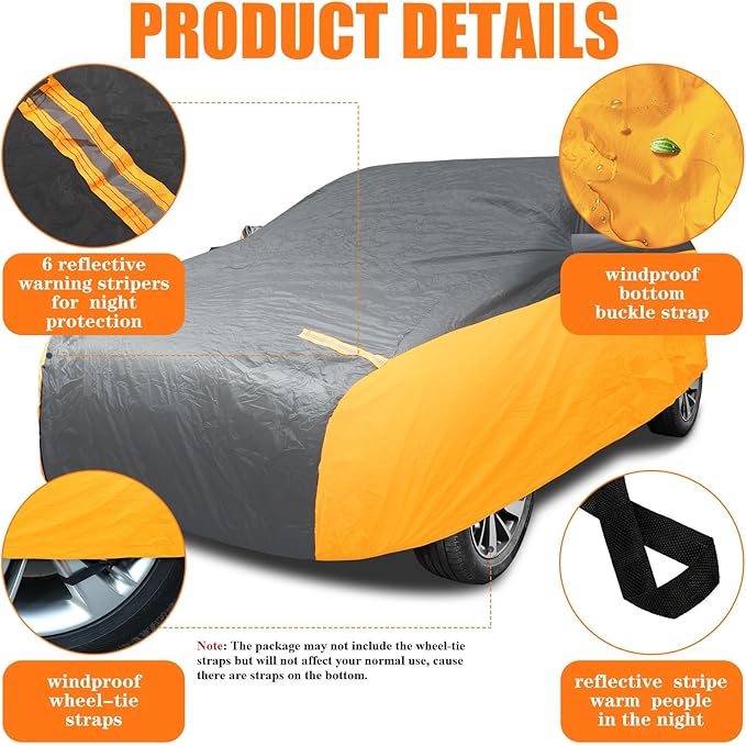 Riakrum Full Car Cover Waterproof All Weather for Automobiles Windproof Cover Rain UV Protection Sun Scratch Resistant Outdoor Universal(Fit Sedan Length (185-193'') 70'' H,Black, Orange)