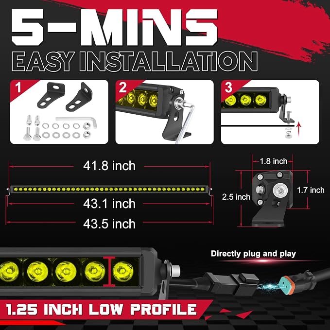 OFFROADTOWN 40 Inch 400W LED Light Bar Amber Single Row Off Road Driving Lights Spot Bumper Roof Bars Yellow Slim LED Work Light with Wiring Harness for Truck Pickup UTV SUV Toyota RZR
