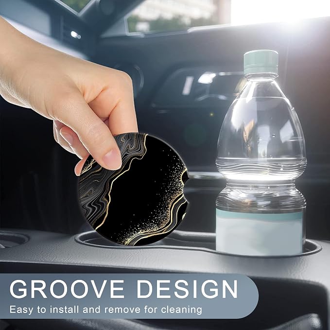 Black Gold Marble Car Coasters for Women 2 Pack,Abstract Lines Absorbent Car Coasters for Cup Holders Insert Ceramic Anti Slip with Finger Notch & Cork Base Auto Accessories Gifts