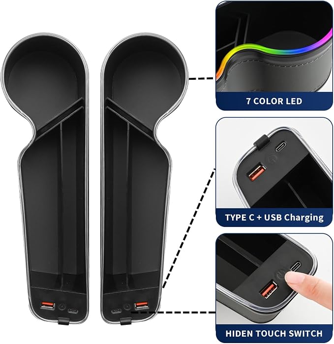 7 Color Led Car Seat Gap Organizer with 56W Type C USB Charging | Multifunctional Front Seat Organizer with Cup Holder Console Organizer Seat Gap Filler with Vibe Lamp for Andriod iPhone Grey