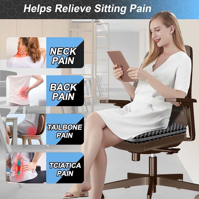 Seat Cushion, Gel Seat Cushion for Long Sitting– Back, Sciatica, Tailbone Pain Relief Pad, 19in Seat Pad for Car, Office Chair, Wheelchair, Soft Support for Long Trips