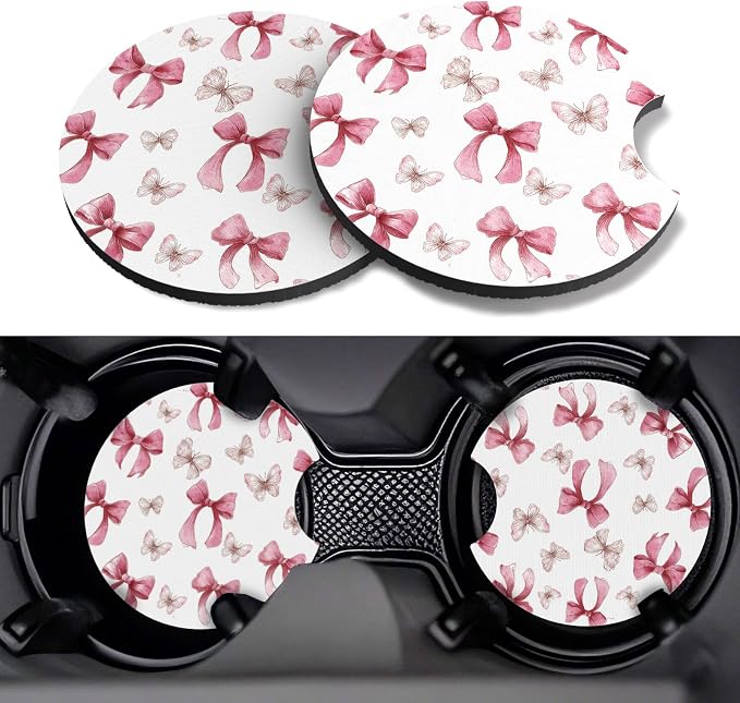 Car Cup Coasters,2 Pack Car Coaster,2.75inch Anti Slip and Absorbent Cars Coasters for Cup Holders,Car Accessories for Women,Cute Decor for Women (Butterfly Bowknot)
