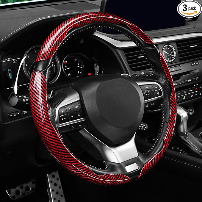 Amiss 3pcs Carbon Fiber Anti-Skid Steering Wheel Cover, Waterproof Design, Universal Fit for 14-16 Inch Car Wheel Cover, Interior Car Accessories for Jeeps, SUVs, Trucks (Glossy Red)