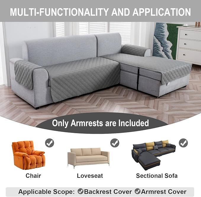 Genina Sofa Armrest Cover, Anti-Slip Armchair Slipcovers for Dogs Cats Pet, Water Resistant Couch Arm Cover for Backrest Recliner Loveseat, L Shaped Sofa, 23.6 x 27.5 Inches（2 Pieces）