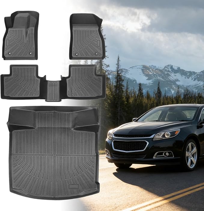 Floor Mats for Chevy Malibu 2013-2015,Also for 2016Chevrolet Malibu Limited | 8th gen Malibu Floor Mats for Malibu LS LT LTZ Eco, 1st & 2nd Row & Cargo Liner, TPE Anti-Slip Waterproof Duty