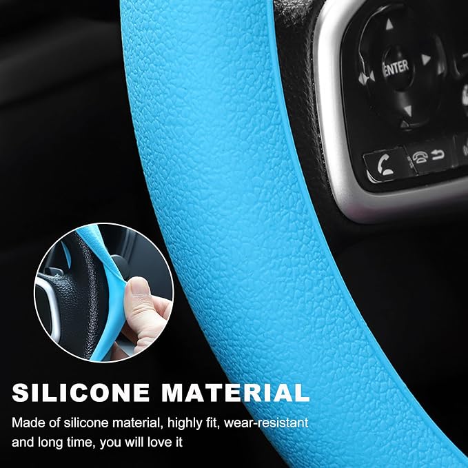 DXNQ Car Steering Wheel Cover, 13 to 14.17 inches Anti-Slip Silicone Steering Wheel Protector, Soft Flexible Shock-Absorbent Steering Wheel Protective Cover for Most Car Models (Blue)