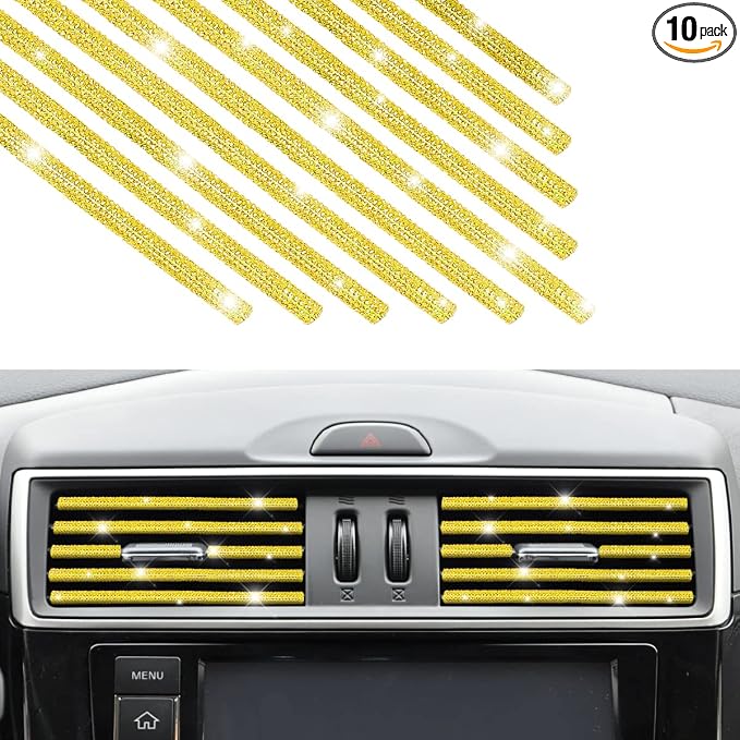 Bling Car Vent Outlet Trim, 10PCS Handcrafted Rhinestones Diamond Decoration Strips for All Straight Air Conditioner Outlet, Bling Car Interior Accessories for Women Girl (Gold)
