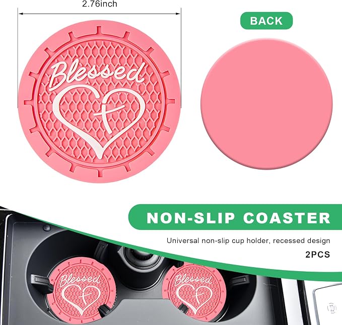 2 PCS Car Cup Holder Coaster, 2.76 Inch Non-Slip Auto Drink Mats with Blessed Cross and Heart, Shockproof Christian Cup Insert Coaster for Most Vehicles, Car Accessories (Pink)