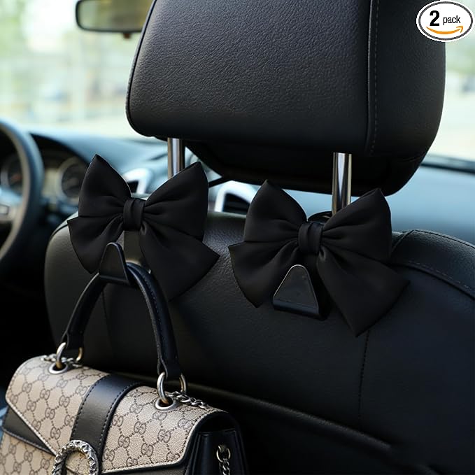 2PCS Car Seat Headrest Hooks, Car Purse Hook, Cute Bow Knot Vehicle Seatback Hanging Storage Organizer, Auto Seatback Decor Organizer Hanger for SUV Truck (Black)