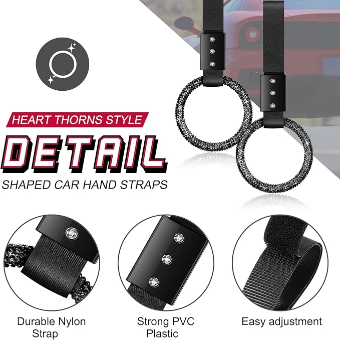 Fabbay Round Car Handle Strap Drift Charm Car Accessories Bling Handle Ring for Women Rear Bumper Warning Ring Decor for Auto Bus Interior Exterior Decoration (Black, Round Style)